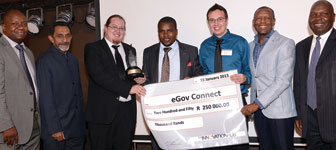 (Left to right) McLean Sibanda, CEO of The Innovation Hub; Younaid Waja, TIHMC board member; Andr&#225;s Findt of eGov Connect; Gauteng’s MEC for Economic Development, Nkosiphendule Kolisile; Joshua Leibstein of eGov Connect; Dr Thele Moima, GGDA board member; Zeth Malele, TIHMC chairperson of the board.